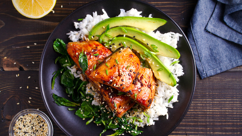 Glazed salmon over rice