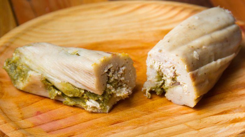 tamale with tomatillo salsa and chicken