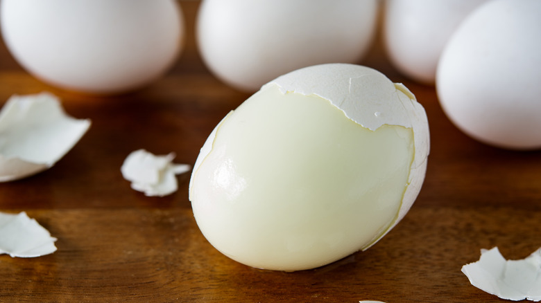hard boiled eggs with some shell peeled