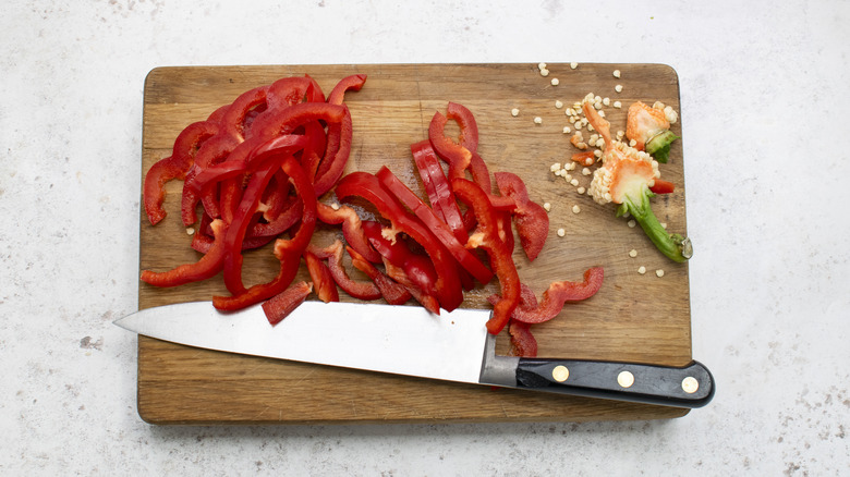 chopped bell pepper with knife