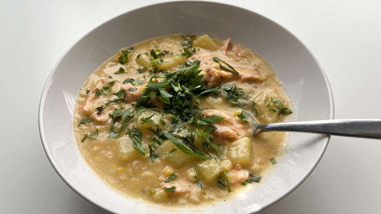 salmon corn chowder soup bowl
