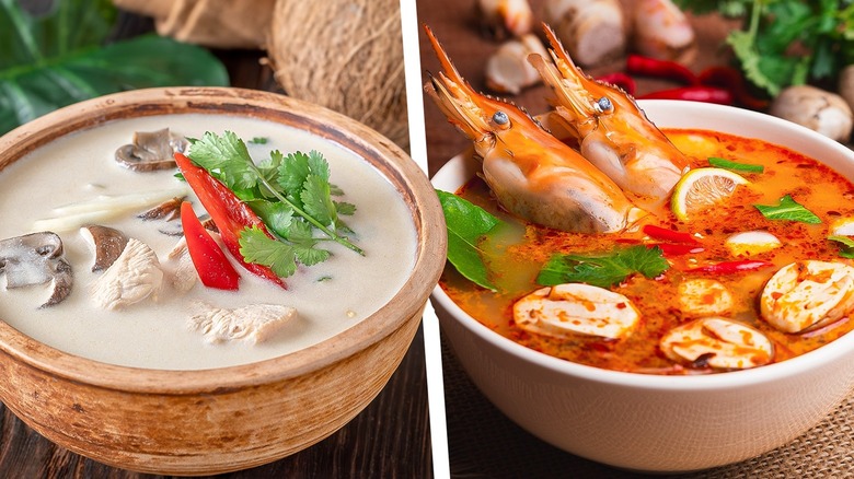 Bowl of tom kha soup and tom yum soup side by side