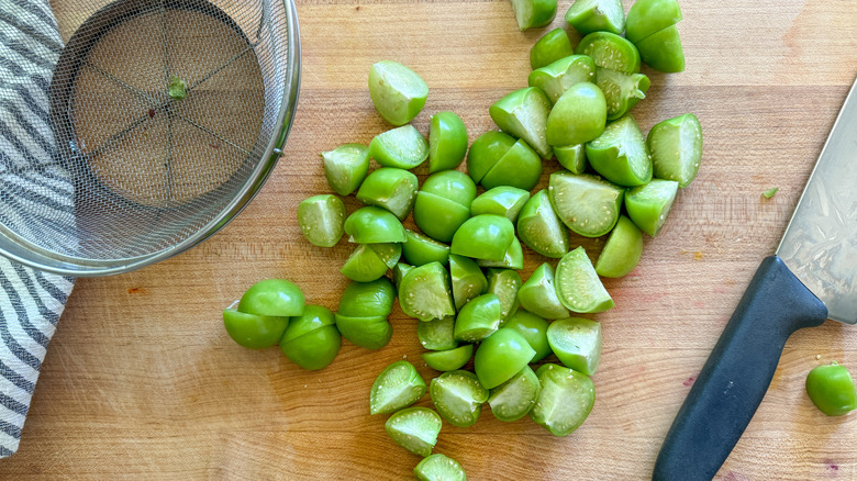 chopped tomatillos on board