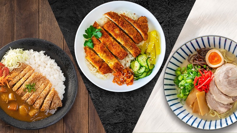 plates of tonkatsu, torikatsu and tonkotsu