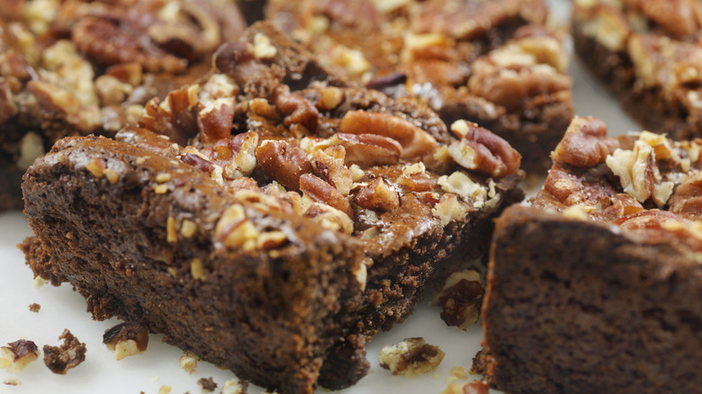 close up of a sea salt pecan brownie