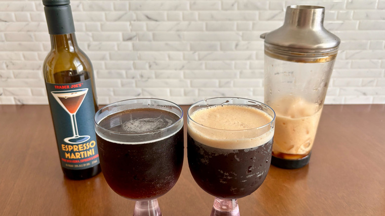 Trader Joe's espresso martini next to homemade espresso martini and cocktail shaker