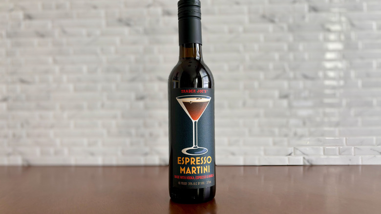 Trader Joe's espresso martini bottle on table