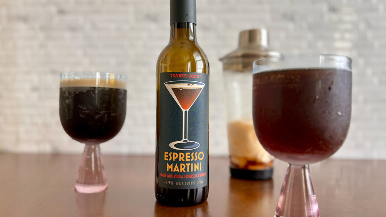 Trader Joe's bottled espresso martini with espresso martinis in glasses