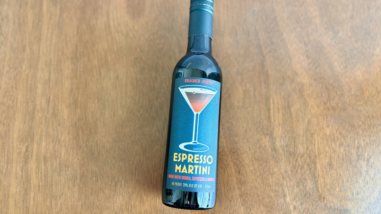 Trader Joe's espresso martini bottle on table