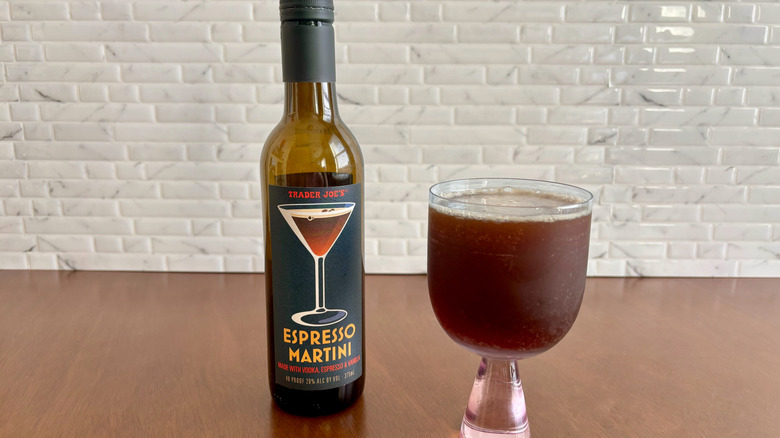 Trader Joe's bottled espresso martini with espresso martini in glass