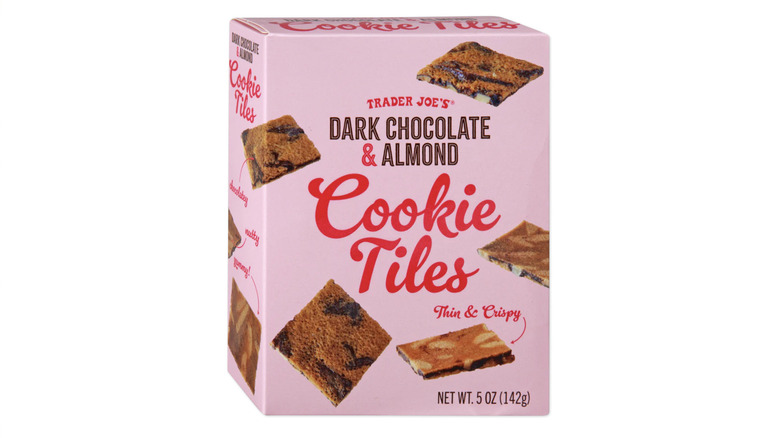 A box of Trader Joe's Dark Chocolate and Almond Cookie Tiles