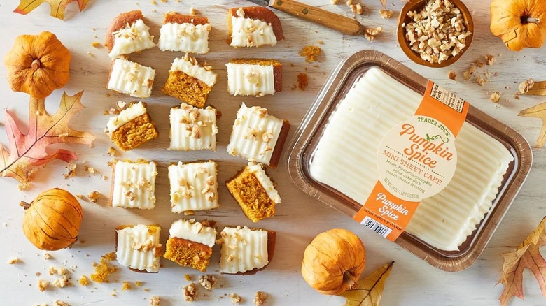 Overview of Trader Joe's Pumpkin Spice Mini Sheet Cake and fall decor