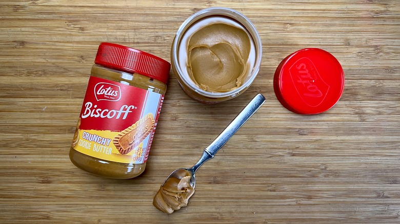 A spoon of lotus Biscoff cookie butter spread