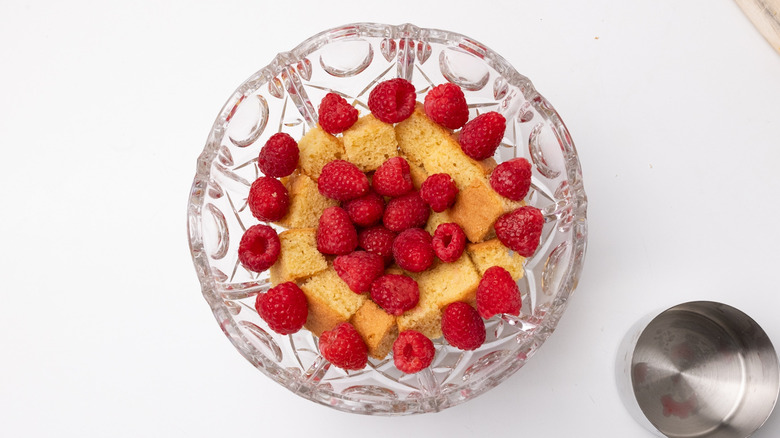 bowl containing cake and raspberries