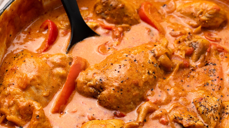 Chicken paprikash in a saucepan