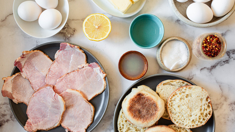 ingredients for eggs benedict on counter