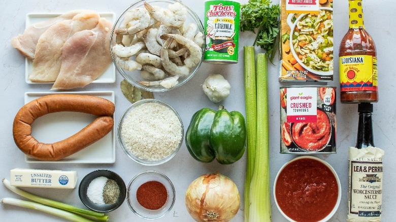 ingredients for jambalaya on a table