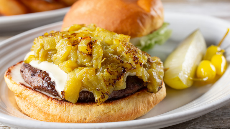 A Hatch green chile cheeseburger on a white plate