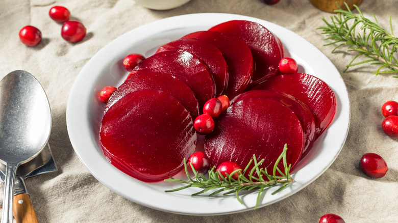 Canned cranberry sauce on platter