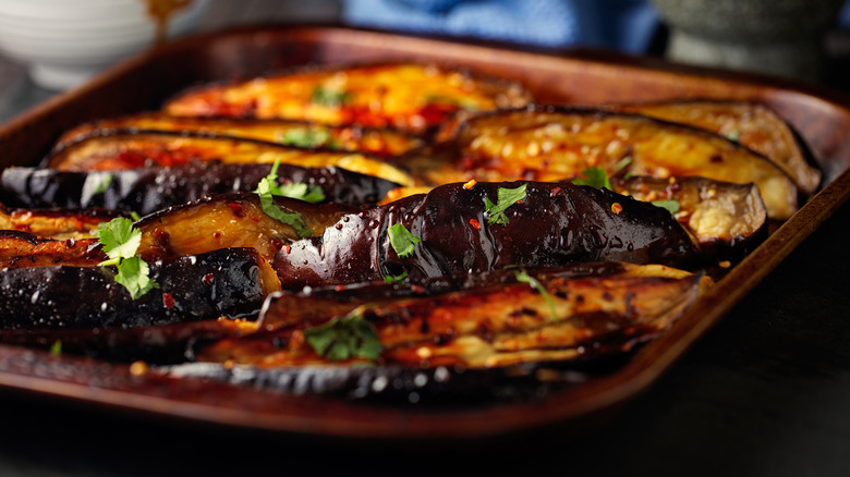 plate of roasted japaneses eggplant with chili oil 