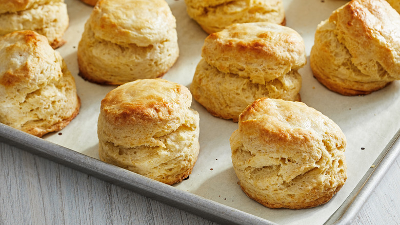 Buttermilk biscuits on a baking sheet