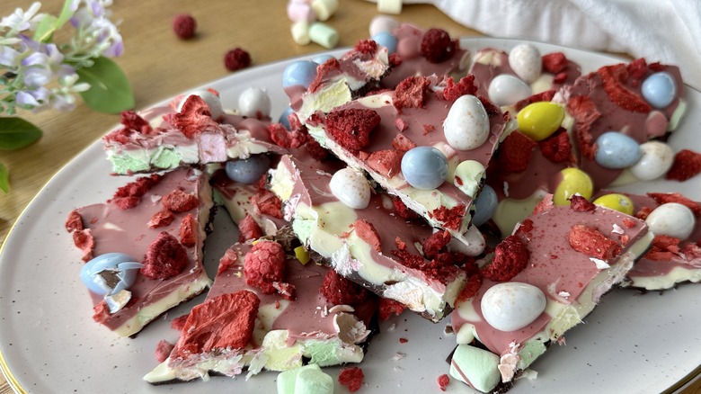 Triple-chocolate Easter marshmallow bark on platter