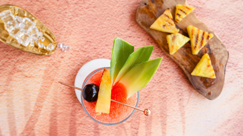 Overhead view of garnish and ice