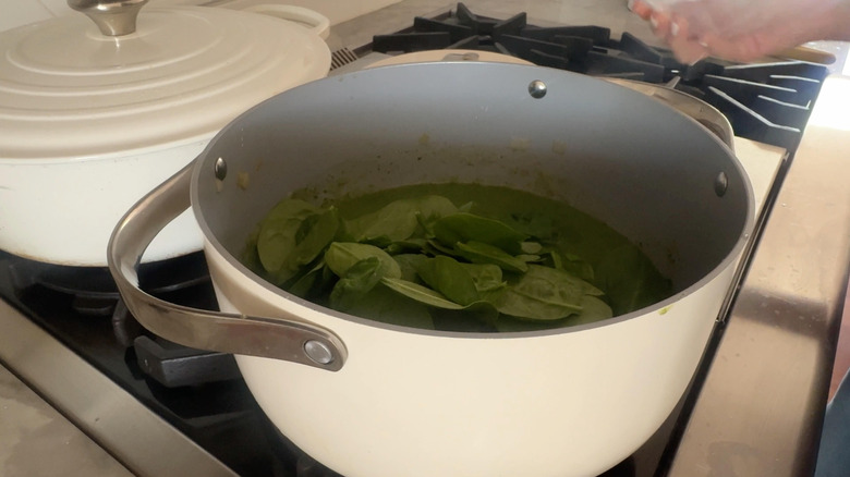Soup pot with fresh spinach
