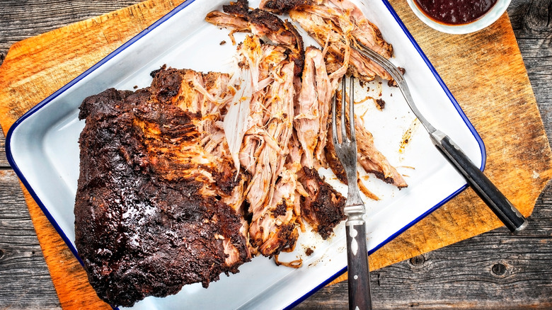 barbecued pulled pork in a tray