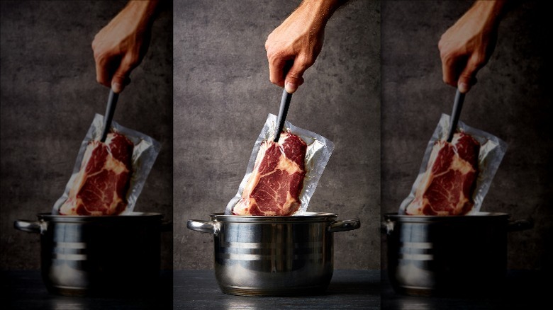 putting steak in sous vide pot