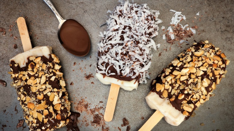 chocolate dipped frozen bars with different garnishes