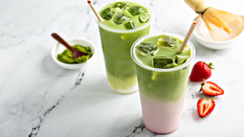 iced strawberry drink with matcha