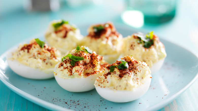 close up of deviled eggs on a plate