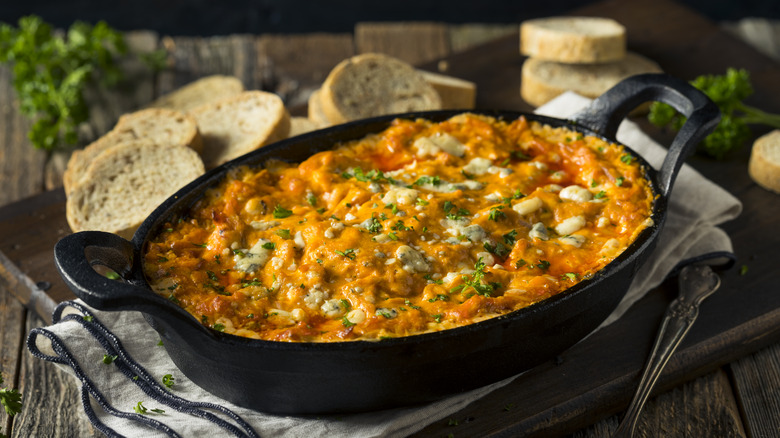 Buffalo cheese dip in skillet