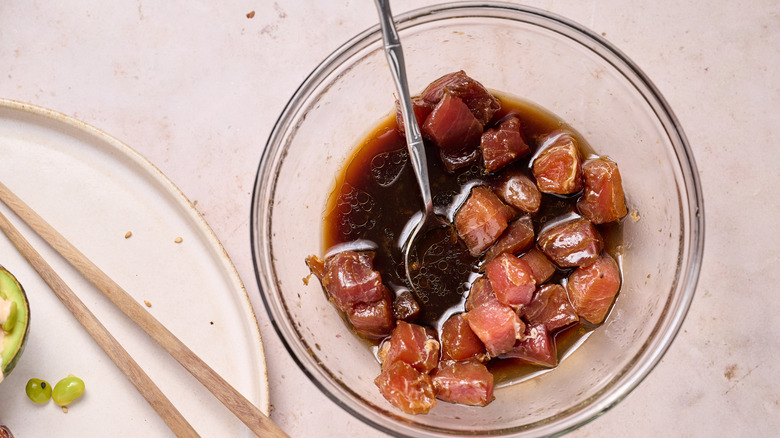 soy marinated raw tuna in bowl