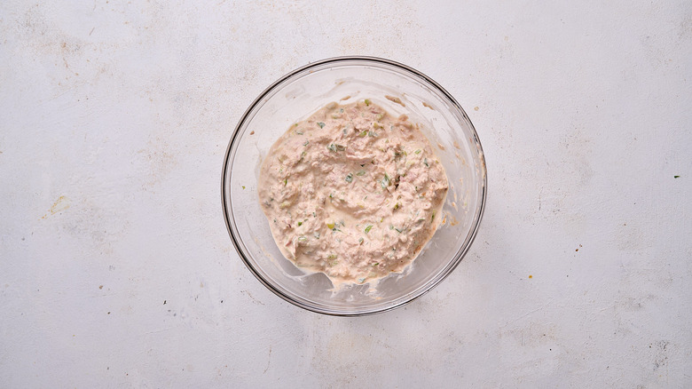 tuna salad mixed in bowl