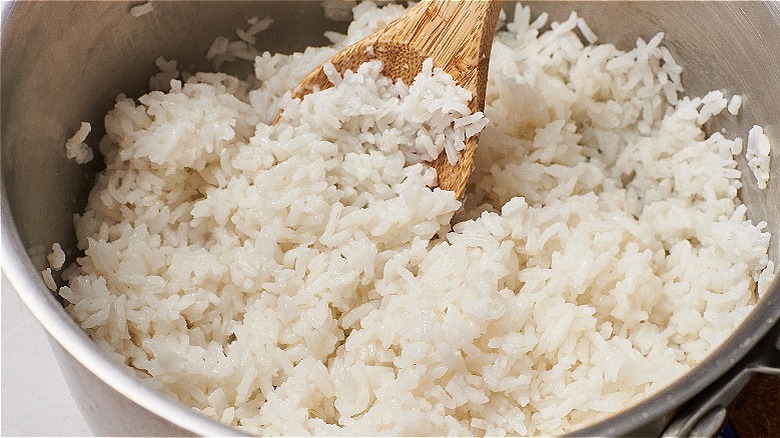 cooked white rice in pot