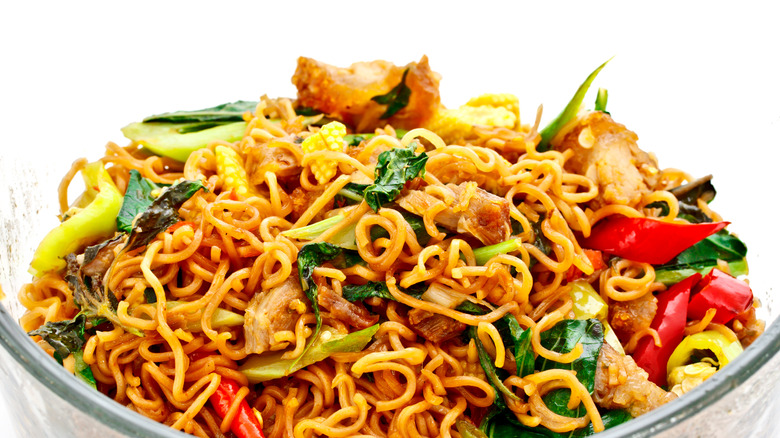 Close-up of a bowl of stir-fried noodles