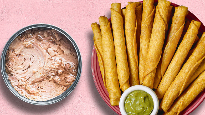 canned tuna and plate of taquitos