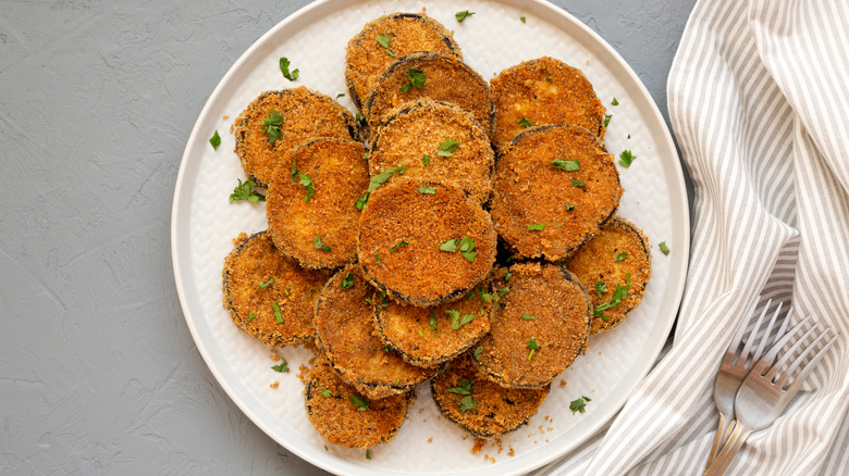 fried eggplant ready for toppings