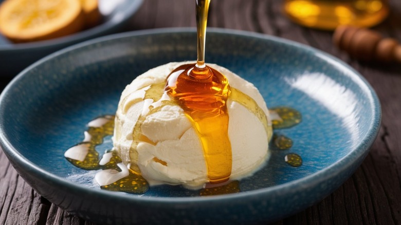 Honey drizzled onto ricotta 