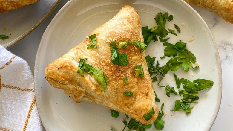 Overview of an air fryer samosa on plate 