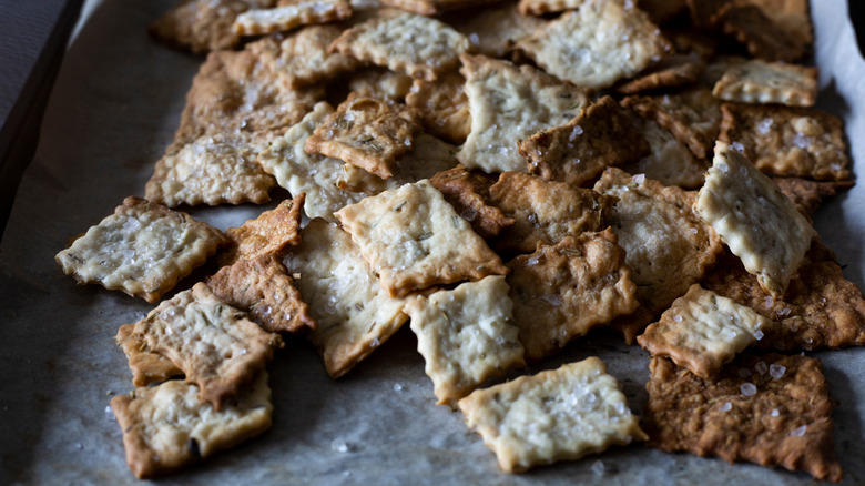 Sourdough crackers on baking sheet