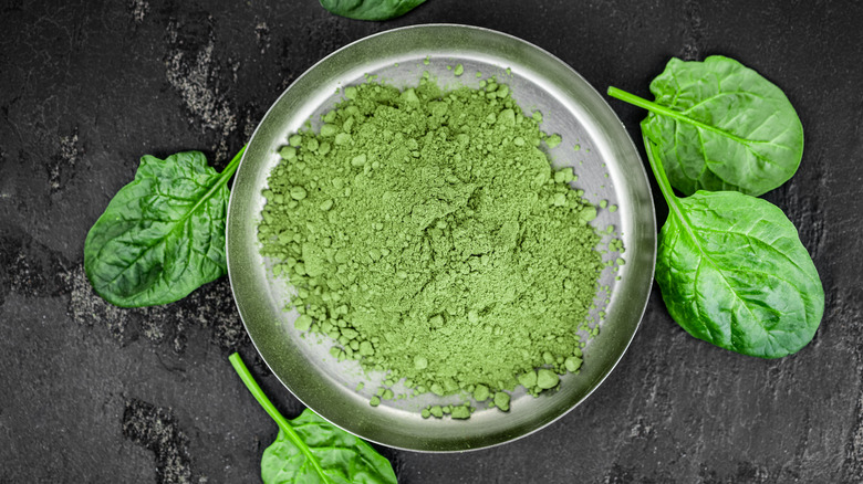 Spinach powder in metal bowl