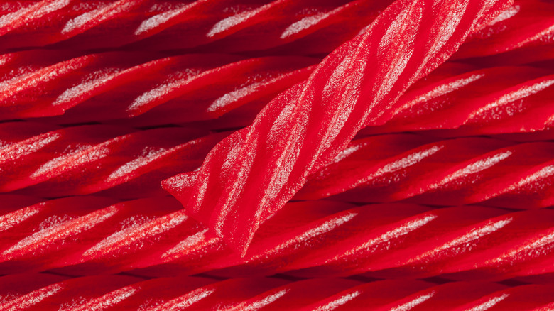 Close-up of several red Twizzlers