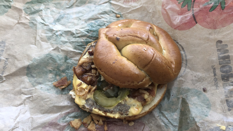 Game Day Pretzel Whopper from Burger King on opened wrapper