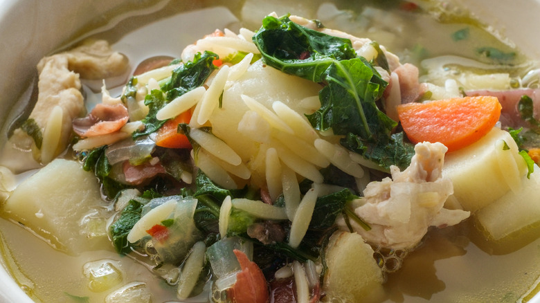 chicken noodle soup with chunks of turnip and vegetables