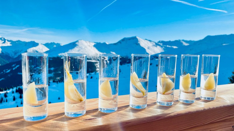 Shot glasses of pear schnapps 