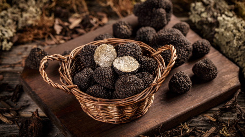 Black truffles whole basket