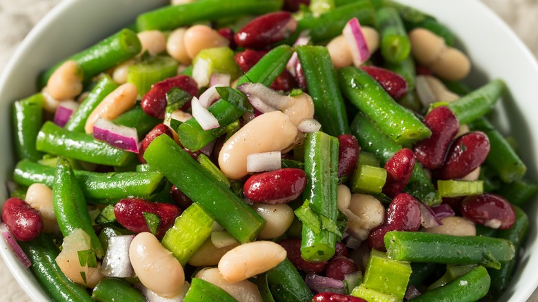 3-bean salad in white bowl